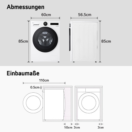 Technische Zeichnung der LG Waschmaschine F4WX808YC: B 600, H 850, T 565 mm (Tür offen 1100 mm), inkl. Einbaumaße, mit Energieeffizienzklasse A-20%.
