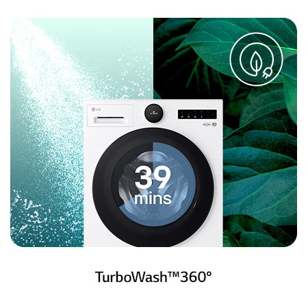 Die LG 9 kg Waschmaschine F4WX809YC in Weiß mit TurboWash®360°-Technologie für eine gründliche Wäsche in nur 39 Minuten, mit Energieeffizienzklasse A-20%.