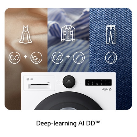 Nahaufnahme des Bedienfelds der LG 9 kg Waschmaschine F4WX809YC, das die Deep-learning AI DD®-Technologie für intelligente Wäschepflege zeigt, mit Energieeffizienzklasse A-20%.