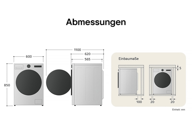Technische Zeichnung der LG Waschmaschine: B 600, H 850, T 565 mm (Tür offen 1100 mm), inkl. Installationsabstände.