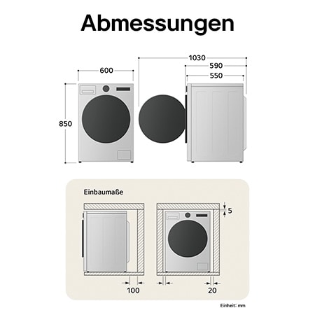 Technische Zeichnung der LG Waschmaschine: B 600, H 850, T 475 mm (Tür offen 1015 mm), inkl. Installationsabstände.