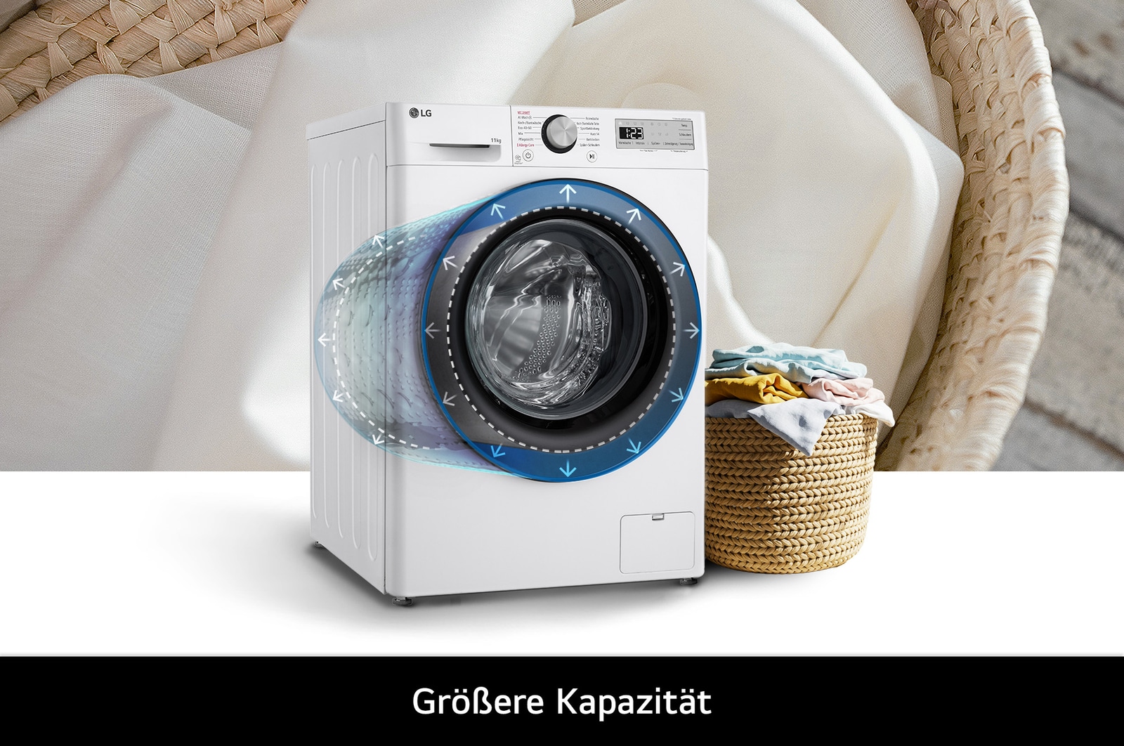 Die LG Waschmaschine F4WR4911P in Weiß, die ihre große 11 kg Trommelkapazität für mehr Wäsche hervorhebt, mit Energieeffizienzklasse A-10%.