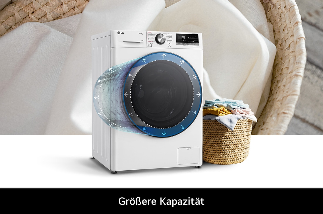 Die LG Waschmaschine F2V7SLIM9, die ihre große 9 kg Trommelkapazität in einem schlanken Design hervorhebt, mit Energieeffizienzklasse A-10%.