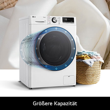 Die LG Waschmaschine F2V7SLIM9, die ihre große 9 kg Trommelkapazität in einem schlanken Design hervorhebt, mit Energieeffizienzklasse A-10%.