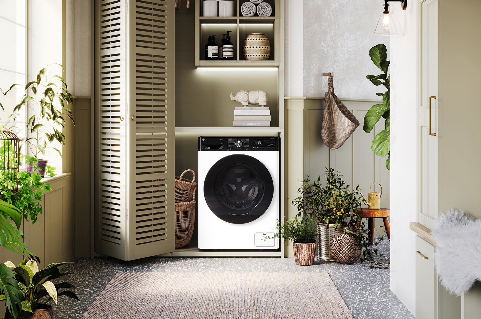 Die weiße LG 9 kg Waschmaschine F4WR709YP mit markantem schwarzem Bullaugenring, installiert in einem stilvollen, modernen Waschraum, mit Energieeffizienzklasse A-10%.