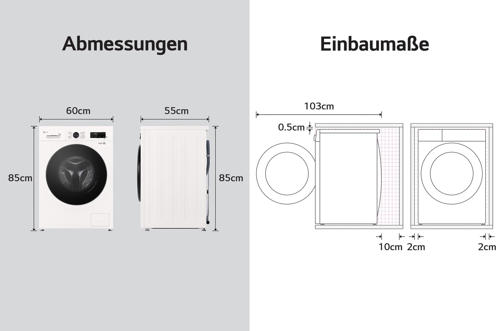 Technische Zeichnung des LG Waschtrockners W4WB3095Y: B 60, H 85, T 55 cm (Tür offen 103 cm), inkl. Einbaumaße.