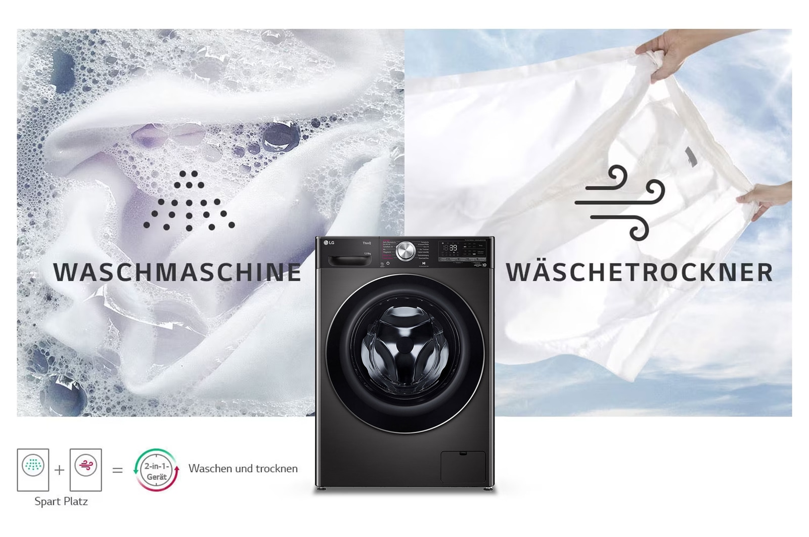 Der schwarze LG Waschtrockner V9WD128H2B (12kg Waschen/8kg Trocknen), der sein 2-in-1-Design in einem einzigen Gerät zeigt, mit Energieeffizienzklasse E.