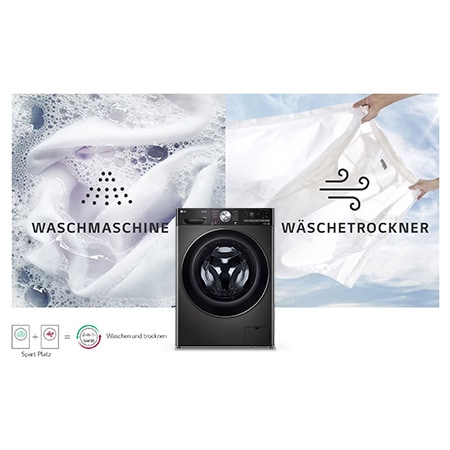 Der schwarze LG Waschtrockner V9WD128H2B (12kg Waschen/8kg Trocknen), der sein 2-in-1-Design in einem einzigen Gerät zeigt, mit Energieeffizienzklasse E.