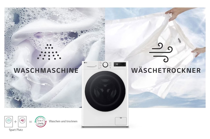 Der weiße LG Slim Waschtrockner V5WD95SLIM (9kg Waschen/5kg Trocknen), der sein platzsparendes 2-in-1-Design zeigt, mit Energieeffizienzklasse E.