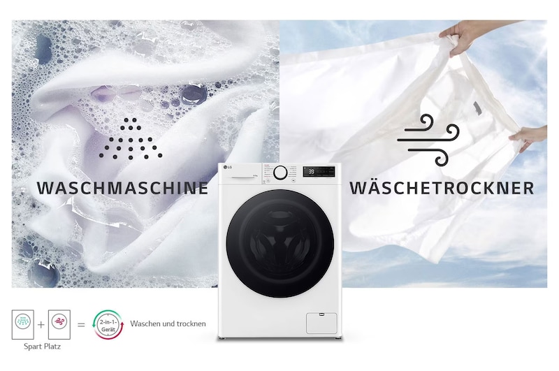 Der weiße LG Slim Waschtrockner V5WD95SLIM (9kg Waschen/5kg Trocknen), der sein platzsparendes 2-in-1-Design zeigt, mit Energieeffizienzklasse E.