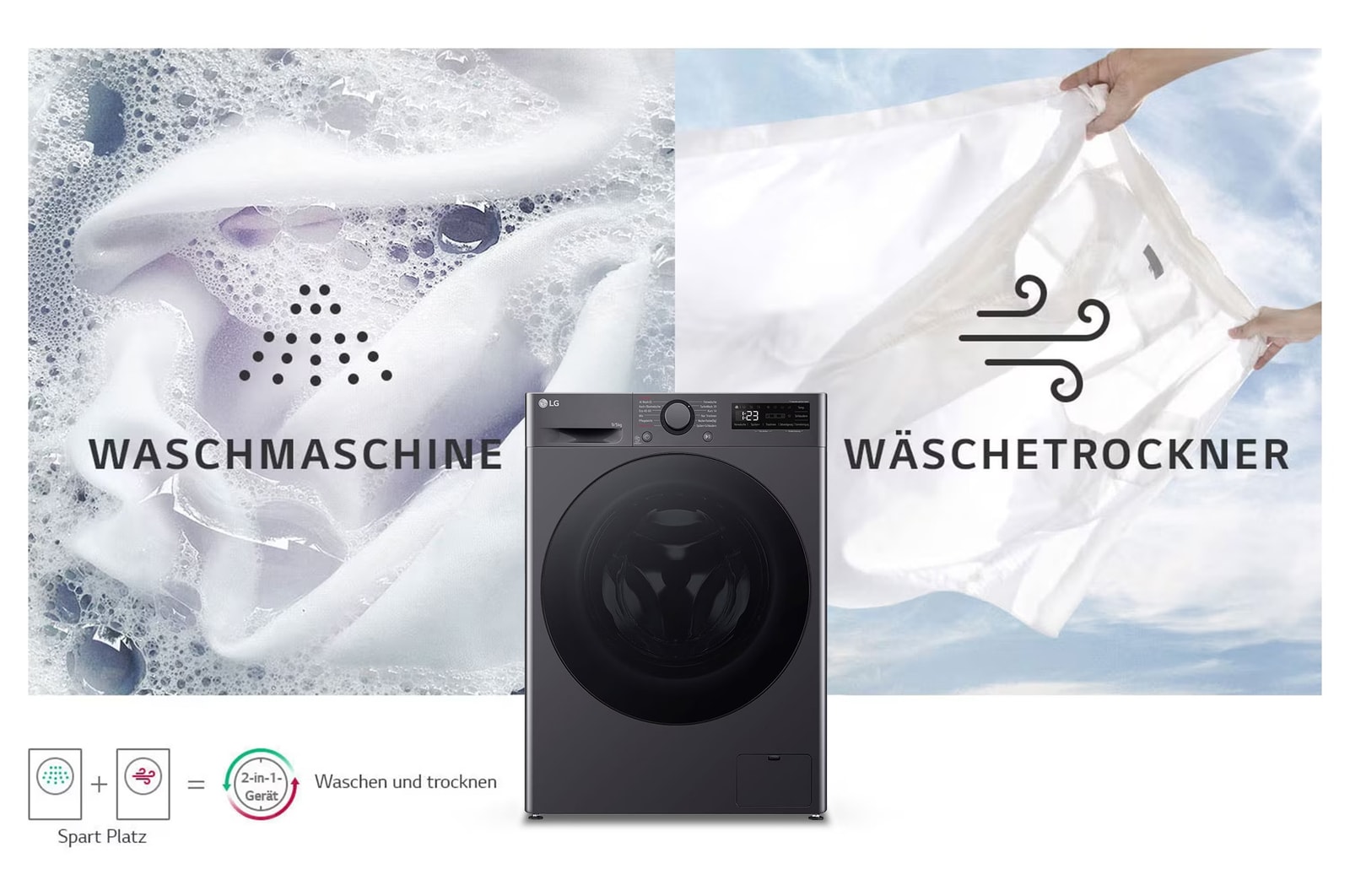 Der schwarze LG Slim Waschtrockner V5WD95SLIMB (9kg Waschen/5kg Trocknen), der sein platzsparendes 2-in-1-Design zeigt, mit Energieeffizienzklasse E.