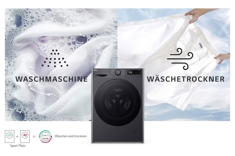 Der schwarze LG Slim Waschtrockner V5WD95SLIMB (9kg Waschen/5kg Trocknen), der sein platzsparendes 2-in-1-Design zeigt, mit Energieeffizienzklasse E.