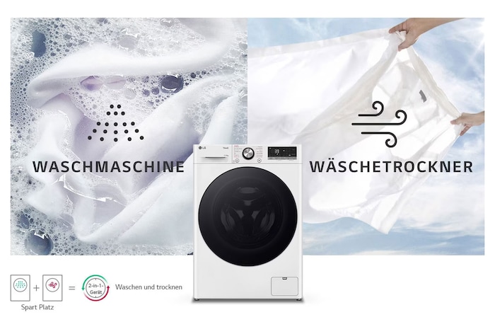 Der weiße LG Waschtrockner W4WR70E6Y (11kg Waschen/6kg Trocknen), der sein 2-in-1-Design in einem einzigen Gerät zeigt, mit Energieeffizienzklasse D.