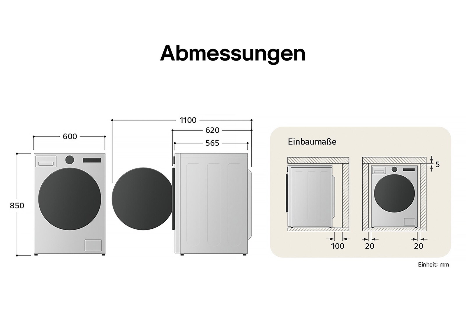 Technische Zeichnung des LG Waschtrockners: B 600, H 850, T 565 mm (Tür offen 1100 mm), inkl. Installationsabstände.