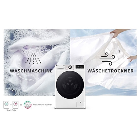 Der weiße LG Waschtrockner W4WR7096Y (11kg Waschen/6kg Trocknen), der sein 2-in-1-Design in einem einzigen Gerät zeigt, mit Energieeffizienzklasse D.