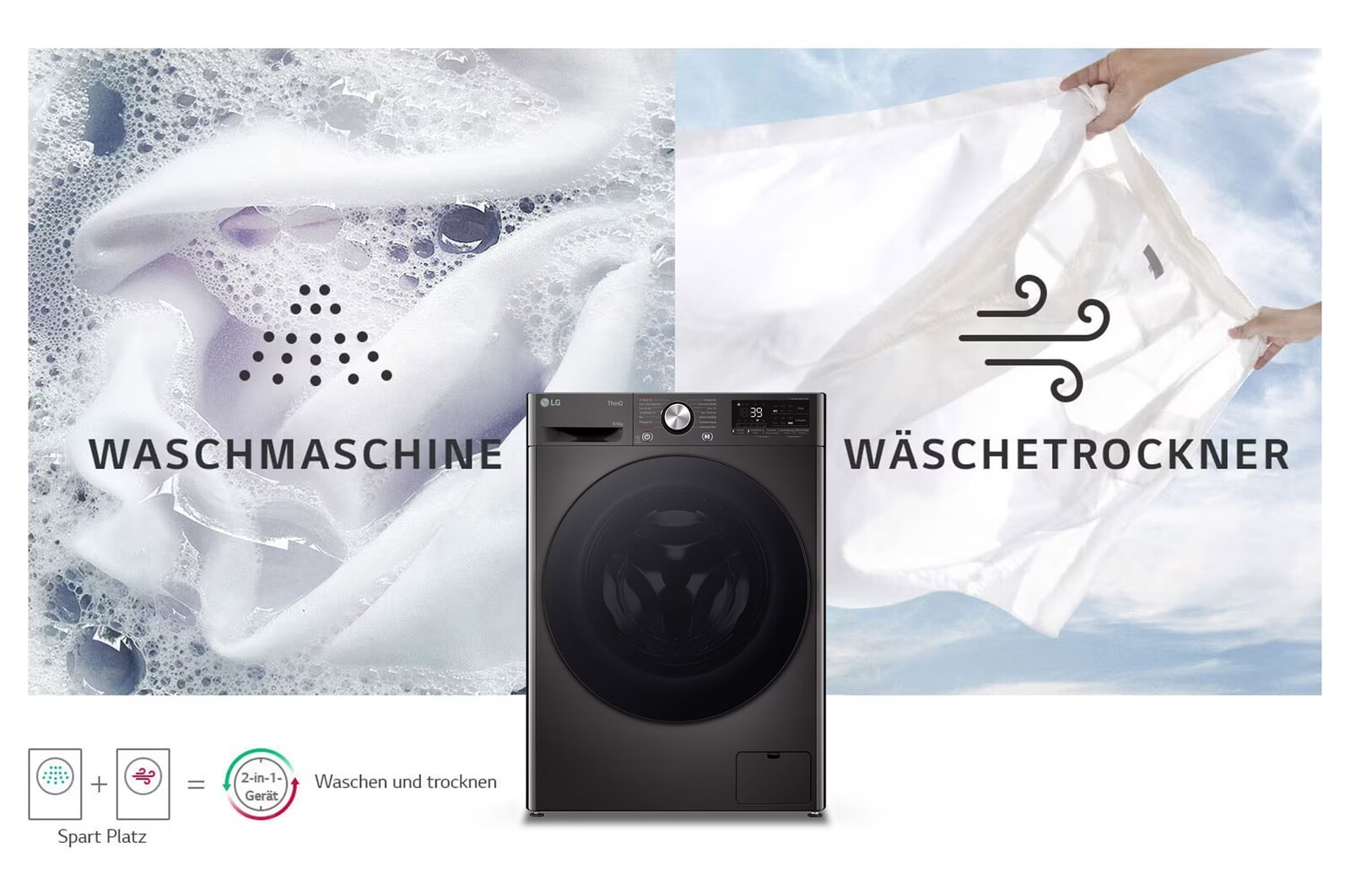 Der schwarze LG Waschtrockner W4WR70E6YB (9kg Waschen/6kg Trocknen), der sein 2-in-1-Design in einem einzigen Gerät zeigt, mit Energieeffizienzklasse D.