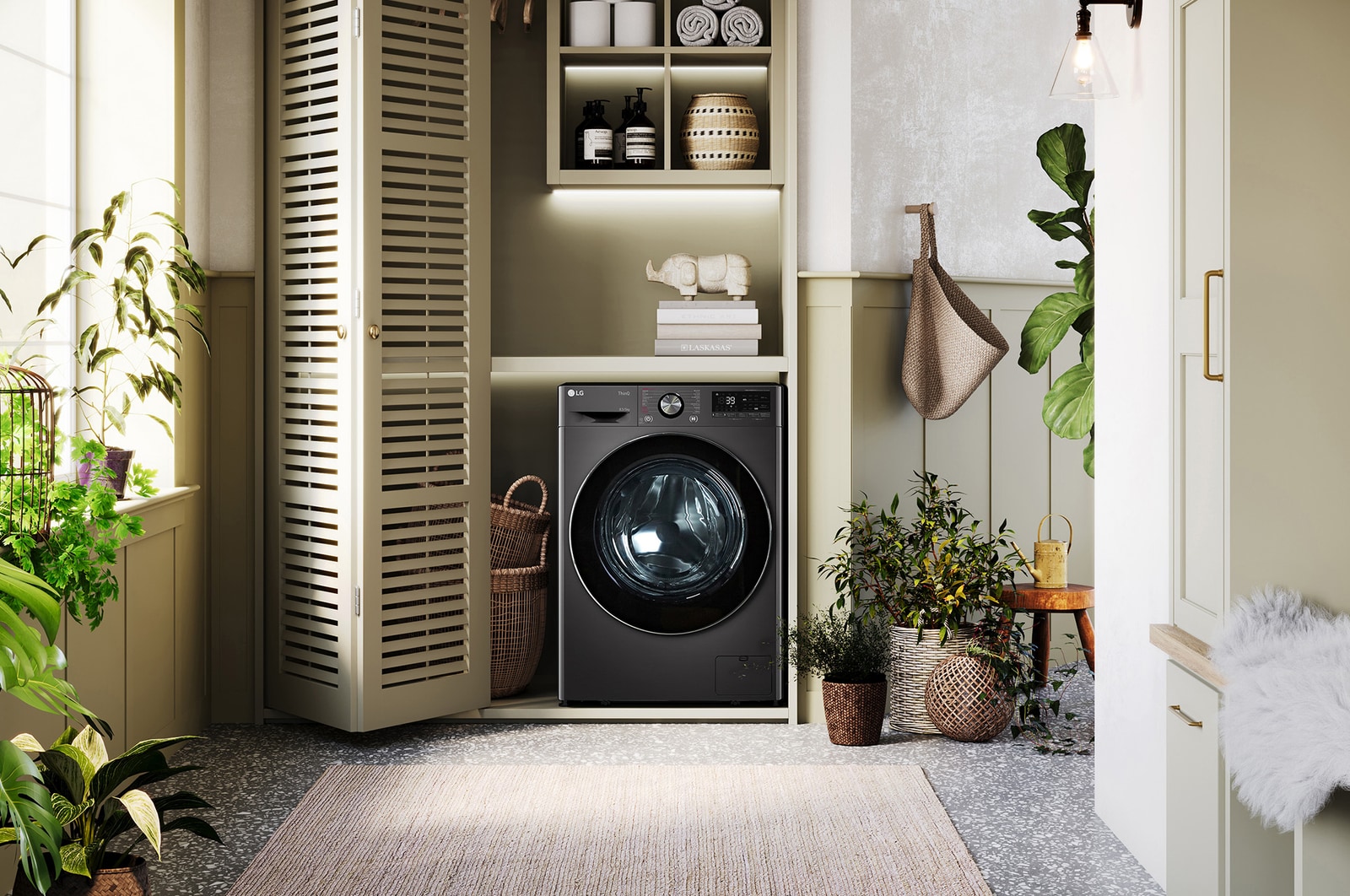 Der schwarze LG 9 kg Waschtrockner W4WR7096YB, mit seinem platzsparenden 2-in-1-Design in einem stilvollen Wäscheschrank installiert, mit Energieeffizienzklasse D.