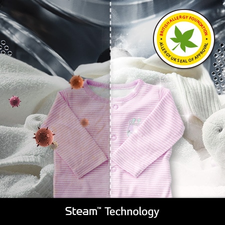 Die LG Steam™-Technologie im Waschtrockner W4WR7096YB, die Allergene reduziert, zertifiziert von der BAF, mit Energieeffizienzklasse D.