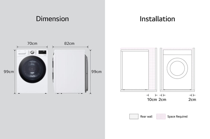 Technische Zeichnung des LG Trockners RT18VT: B 70, H 99, T 82 cm, inkl. Installationsabstände, mit Energieeffizienzklasse D.
