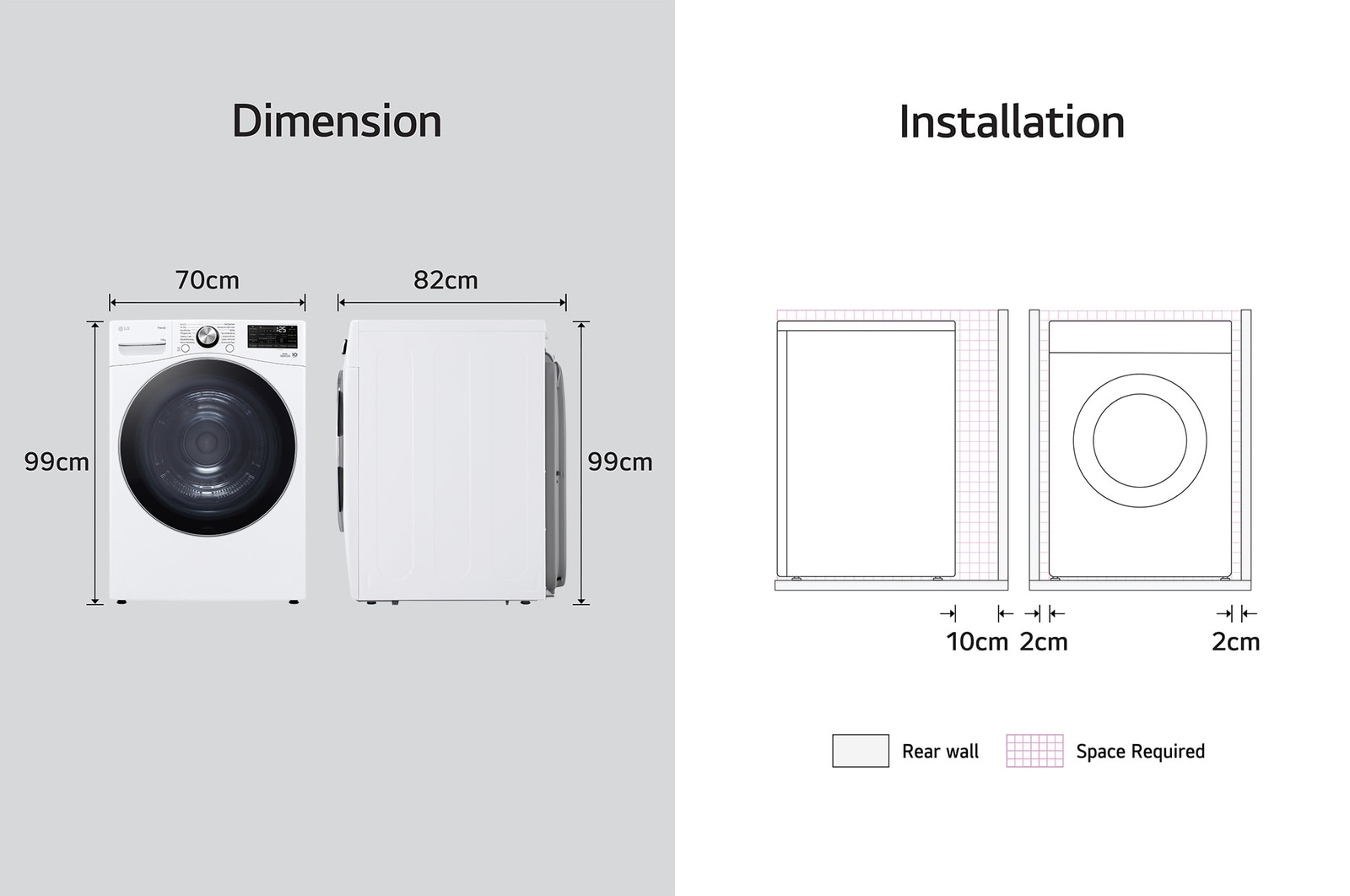 Technische Zeichnung des LG Trockners RT18VT: B 70, H 99, T 82 cm, inkl. Installationsabstände, mit Energieeffizienzklasse D.