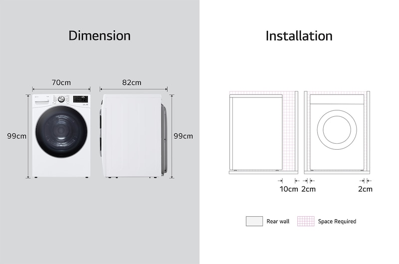 Technische Zeichnung des LG Trockners RT18VT: B 70, H 99, T 82 cm, inkl. Installationsabstände, mit Energieeffizienzklasse D.