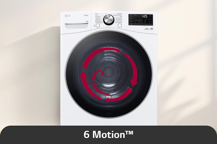 Der weiße LG 18 kg Trockner RT18VT mit 6 Motion™-Technologie, die verschiedene Trommelbewegungen für eine schonende und effektive Stoffpflege nutzt, mit Energieeffizienzklasse D.