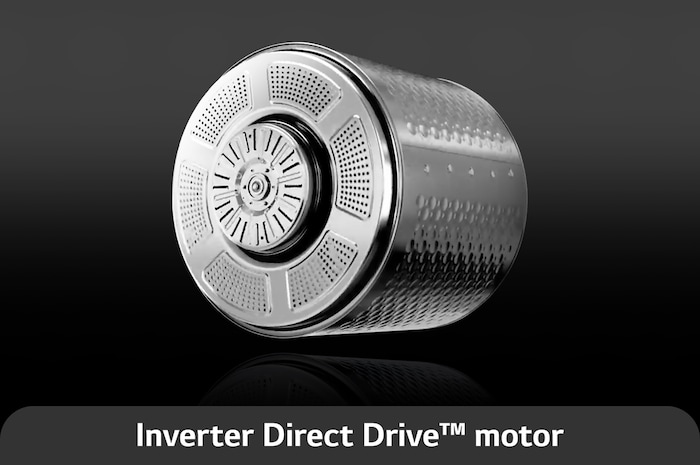 Die langlebige Edelstahltrommel des LG Trockners RT18VT, angetrieben von einem leisen und effizienten Inverter Direct Drive™ Motor, mit Energieeffizienzklasse D.