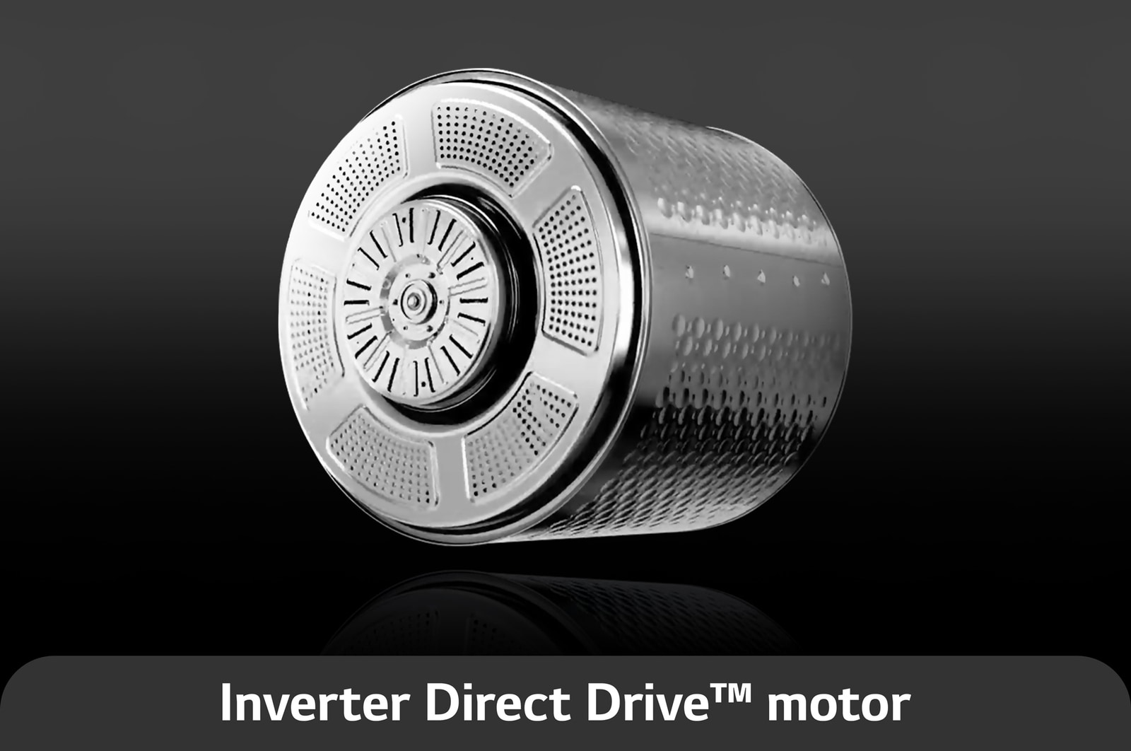 Die langlebige Edelstahltrommel des LG Trockners RT18VT, angetrieben von einem leisen und effizienten Inverter Direct Drive™ Motor, mit Energieeffizienzklasse D.