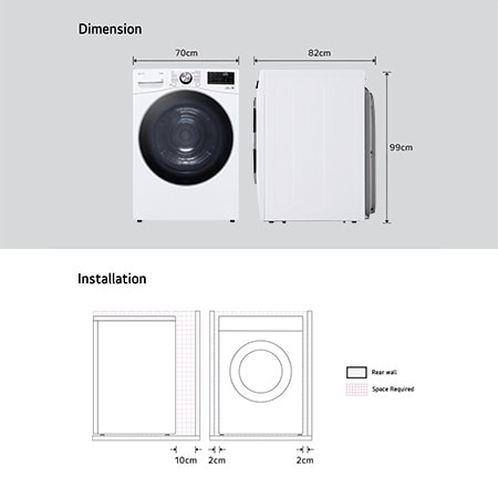 Technische Zeichnung des LG Trockners RT18VT: B 70, H 99, T 82 cm, inkl. Installationsabstände, mit Energieeffizienzklasse D.