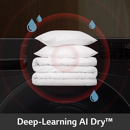 Der LG 18 kg Trockner RT18VT mit Deep-Learning AI Dry™-Technologie, die Sensoren zur Feuchtigkeitserkennung für optimale Trocknung nutzt, mit Energieeffizienzklasse D.