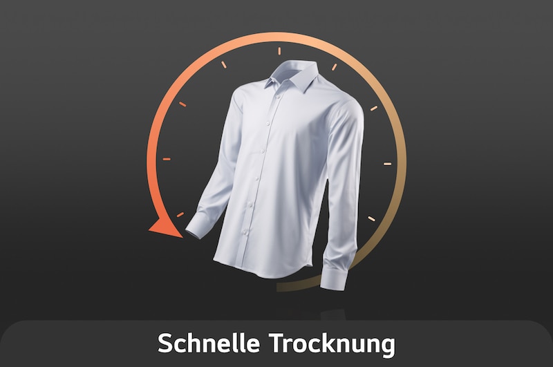 Grafik, die den schnellen Trocknungszyklus des LG Trockners RT90X8C illustriert und ein perfekt getrocknetes Hemd vor einem Timer zeigt, mit Energieeffizienzklasse B.