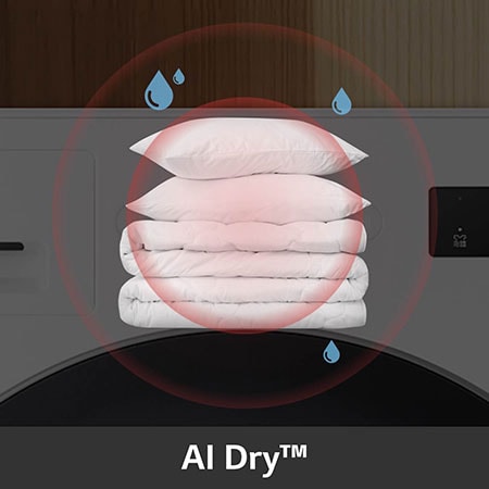 Die AI Dry™-Funktion des LG Trockners RT90X8C, die zeigt, wie Sensoren die Gewebefeuchtigkeit für optimales Trocknen erkennen, mit Energieeffizienzklasse B.