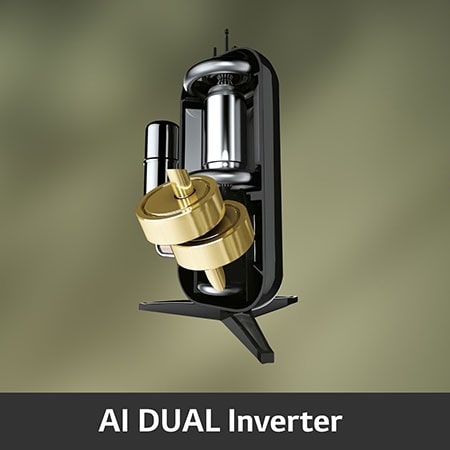 Eine Nahaufnahme des AI DUAL Inverter-Kompressors des LG Trockners RT90X8C, die seine fortschrittliche Wärmepumpentechnologie hervorhebt, mit Energieeffizienzklasse B.