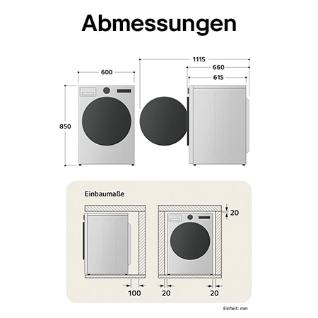 Technische Zeichnung des LG Trockners: B 600, H 850, T 615 mm (Tür offen 1115 mm), inkl. Installationsabstände.