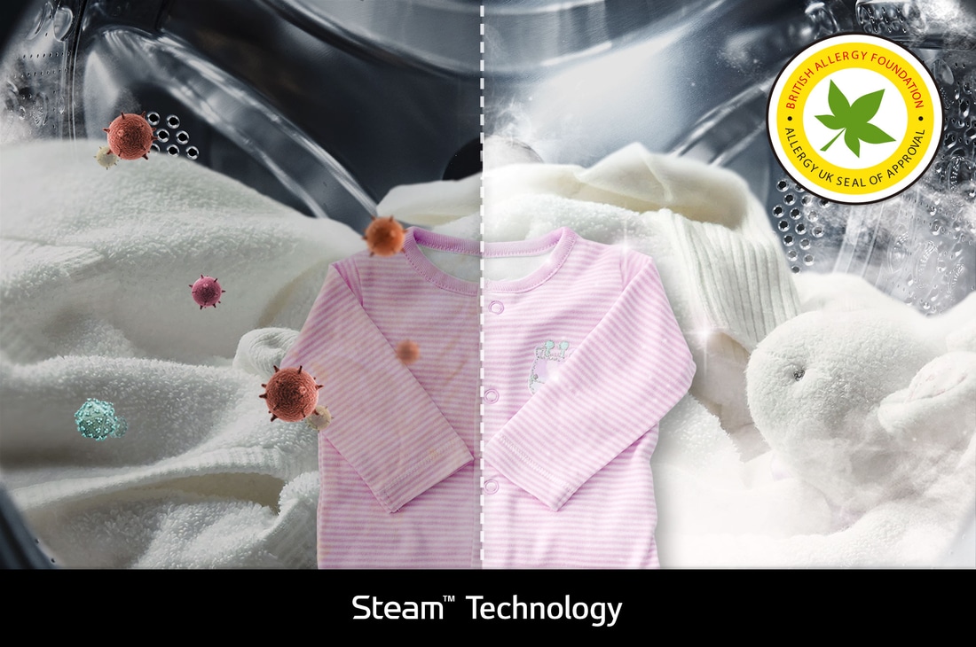 LG Trockner RT80V9B zeigt Steam™ Technologie: Visualisierung der Dampffunktion zur Entfernung von 99,9% der Allergene, zertifiziert durch die British Allergy Foundation.