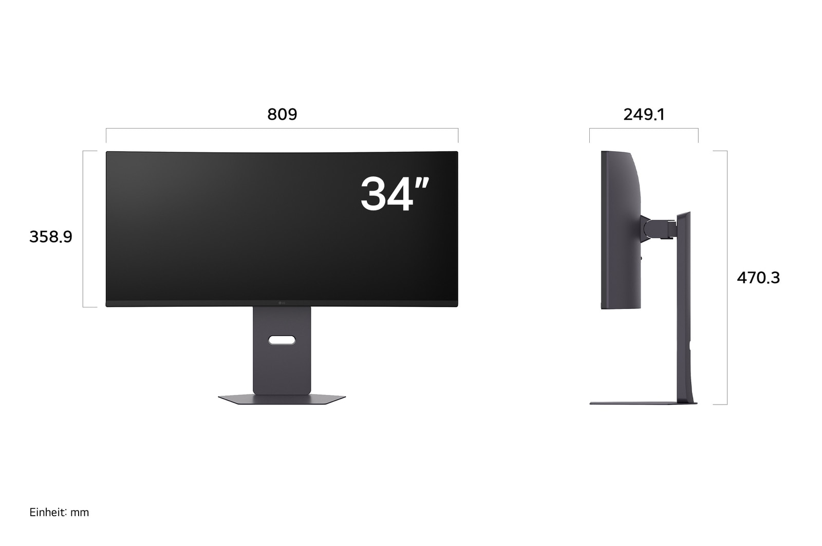 Maßansicht des LG UltraGear Gaming Monitors 34-inch mit Abmessungen in mm inklusive Standfuß