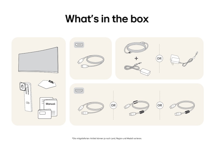 Paket des LG UltraGear Gaming Monitors 34-inch mit Panel, Standfuß, Standhals, Netzkabel und Handbuch. Inhalt kann variieren