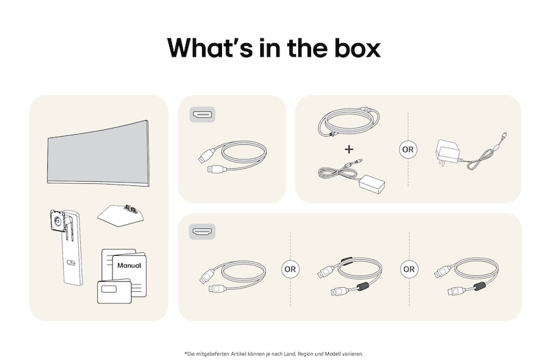 Paket des LG UltraGear Gaming Monitors 34-inch mit Panel, Standfuß, Standhals, Netzkabel und Handbuch. Inhalt kann variieren