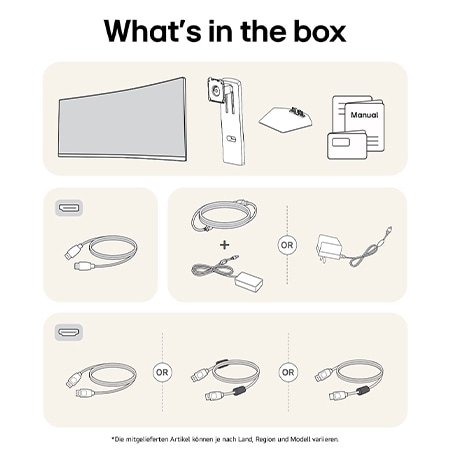 Paket des LG UltraGear Gaming Monitors 34-inch mit Panel, Standfuß, Standhals, Netzkabel und Handbuch. Inhalt kann variieren