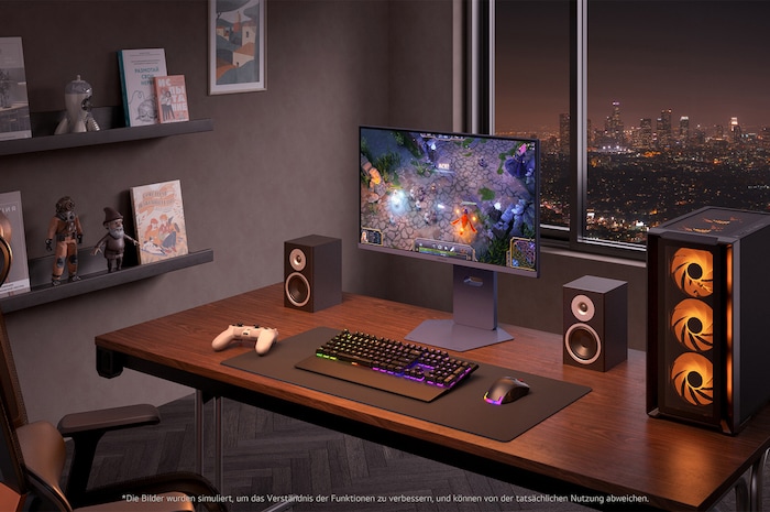 Gaming-Setup mit dem LG UltraGear Gaming Monitor 27-inch, zeigt lebendige Grafik und flüssiges Spielerlebnis