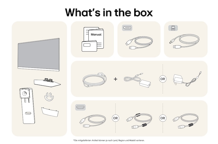 What’s in the Box: LG UltraGear Gaming Monitor mit Panel, Standfuß, Standhals, Netzkabel und Handbuch; Inhalt kann variieren