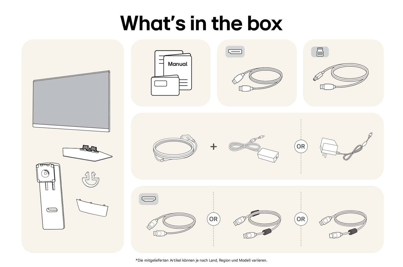 What’s in the Box: LG UltraGear Gaming Monitor mit Panel, Standfuß, Standhals, Netzkabel und Handbuch; Inhalt kann variieren