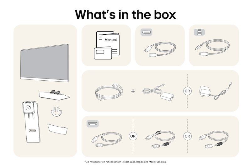 What’s in the Box: LG UltraGear Gaming Monitor mit Panel, Standfuß, Standhals, Netzkabel und Handbuch; Inhalt kann variieren