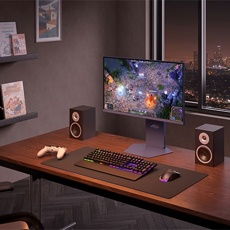 Gaming-Setup mit dem LG UltraGear Gaming Monitor 27-inch, zeigt lebendige Grafik und flüssiges Spielerlebnis
