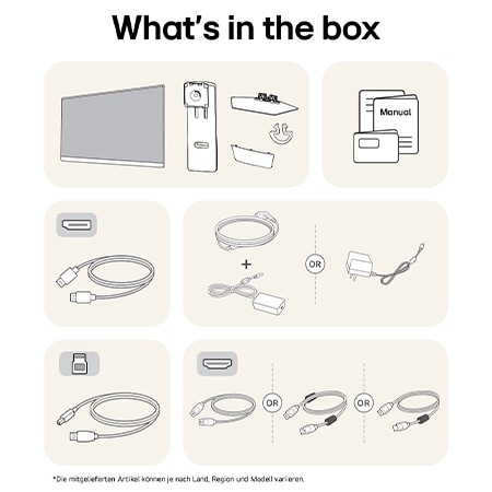 What’s in the Box: LG UltraGear Gaming Monitor mit Panel, Standfuß, Standhals, Netzkabel und Handbuch; Inhalt kann variieren