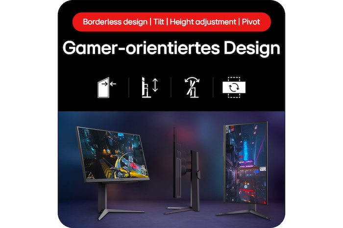 27-Zoll UltraGear Monitor mit randlosem Design, Neigung, Höhenverstellung und Pivot-Funktion für flexible Gaming-Setups.