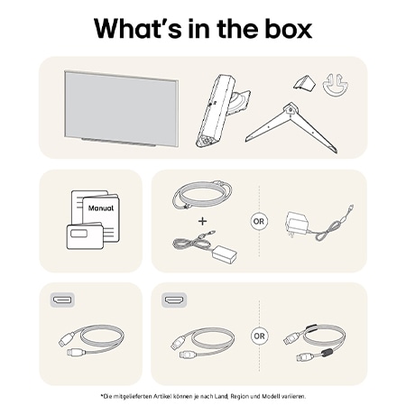 What’s in the Box des LG UltraGear Gaming Monitors 27-Zoll mit Panel, Standfuß, Netzkabel und Benutzerhandbuch. Inhalt kann variieren.