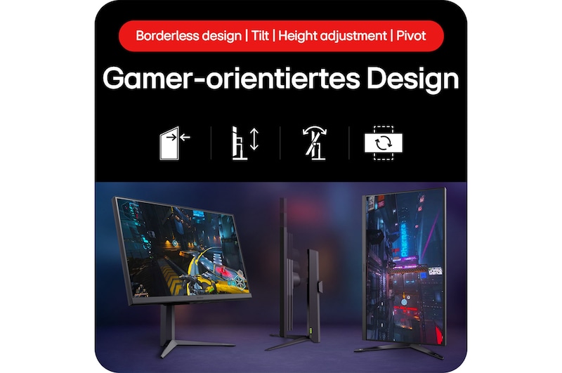 32-Zoll UltraGear Monitor mit randlosem Design, Neigung, Höhenverstellung und Pivot-Funktion für flexible Gaming-Setups.