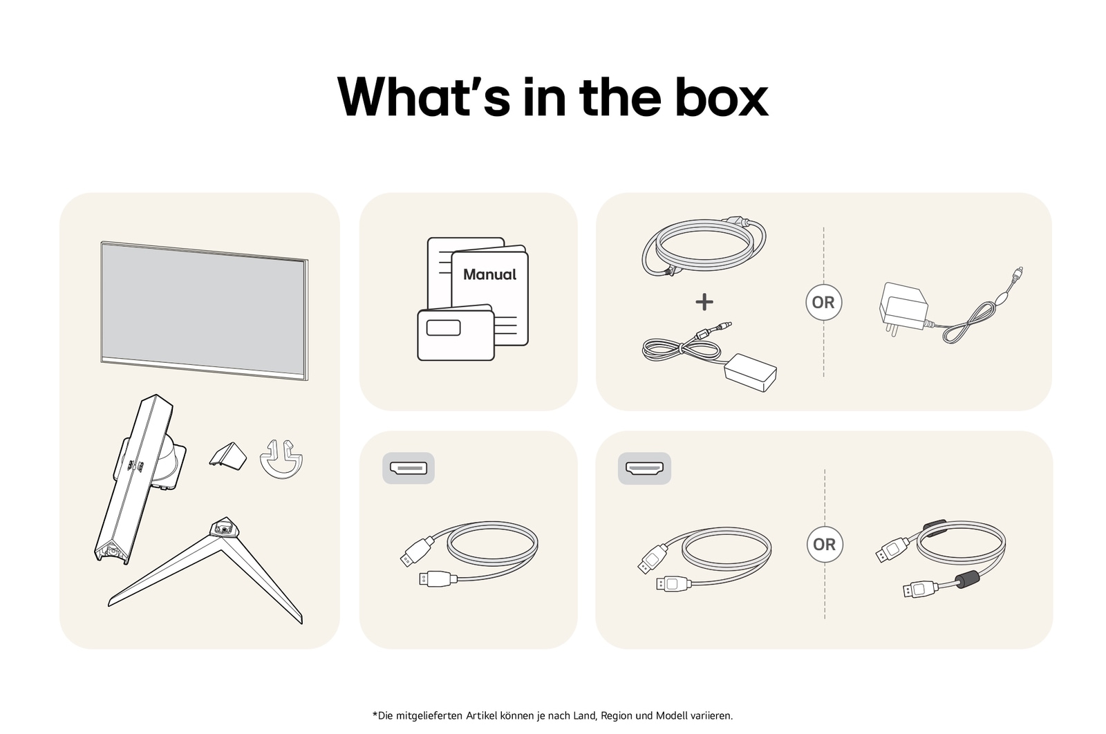 What’s in the Box des LG UltraGear Gaming Monitors 32-Zoll mit Panel, Standfuß, Netzkabel und Benutzerhandbuch. Inhalt kann variieren.