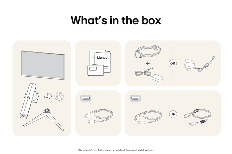 What’s in the Box des LG UltraGear Gaming Monitors 32-Zoll mit Panel, Standfuß, Netzkabel und Benutzerhandbuch. Inhalt kann variieren.